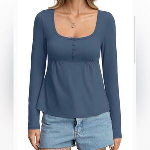 NWT EASYGALA Scoop Neck Button-Front Long Sleeve Babydoll Top Slate Blue | M